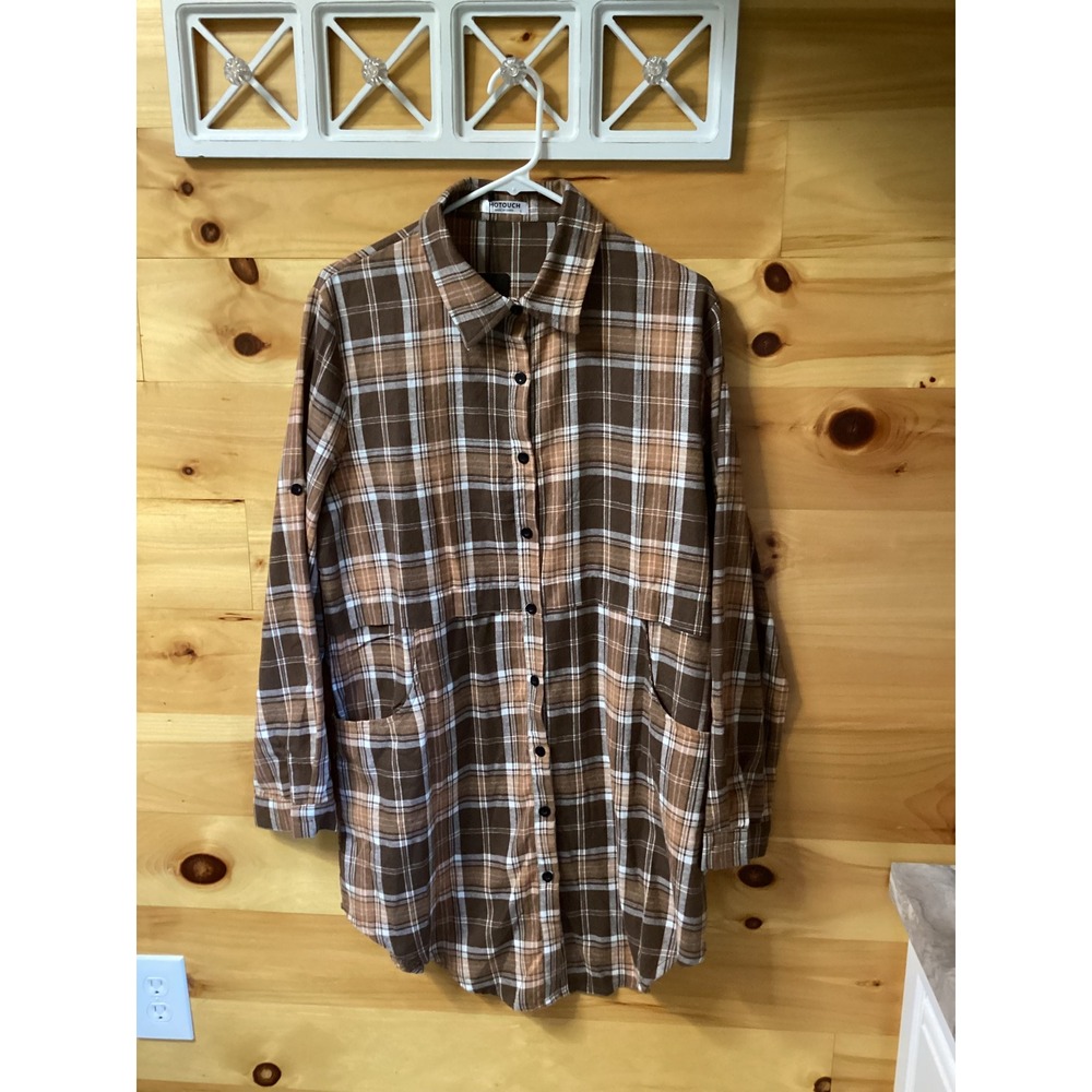 Hotouch Womens Brown Plaid Button Down Shirt Dress Long Sleeve Pockets Large NWT